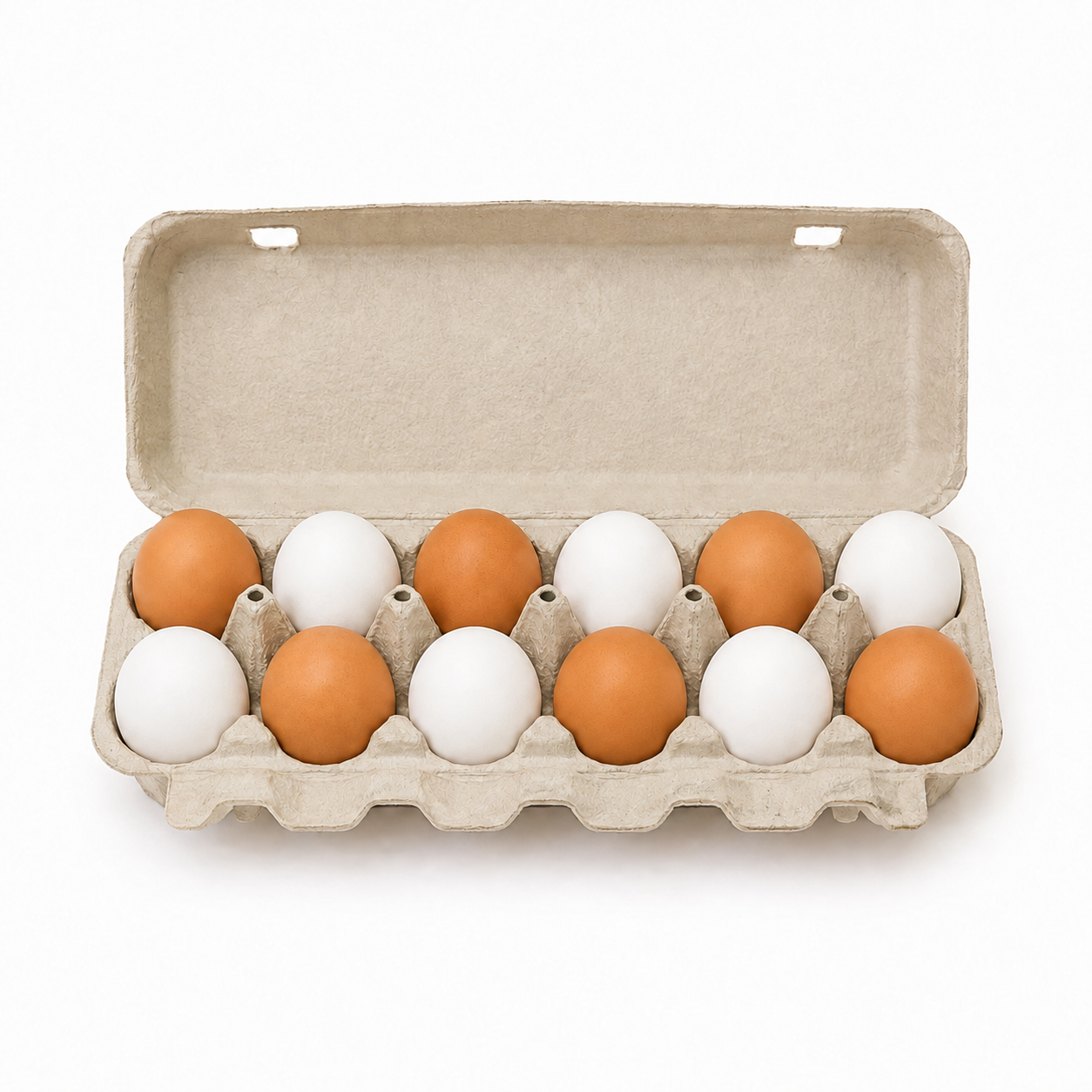 One dozen brown and white farm eggs