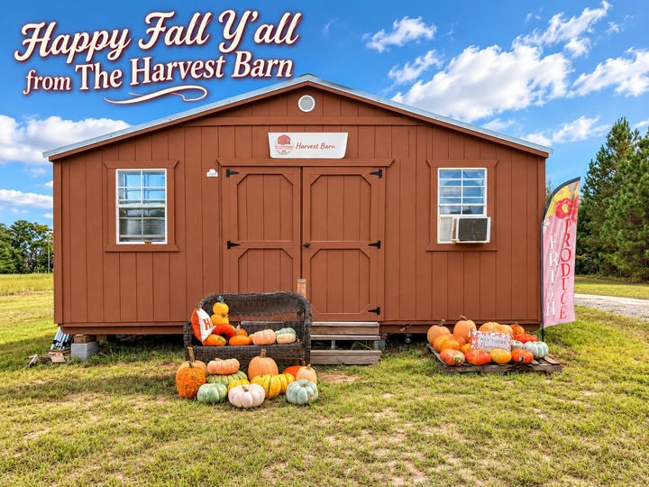 The Harvest Barn decorated with pumpkins for fall