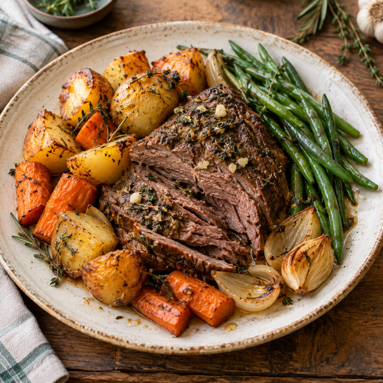 Garlic-herb beef roast dinner meal idea