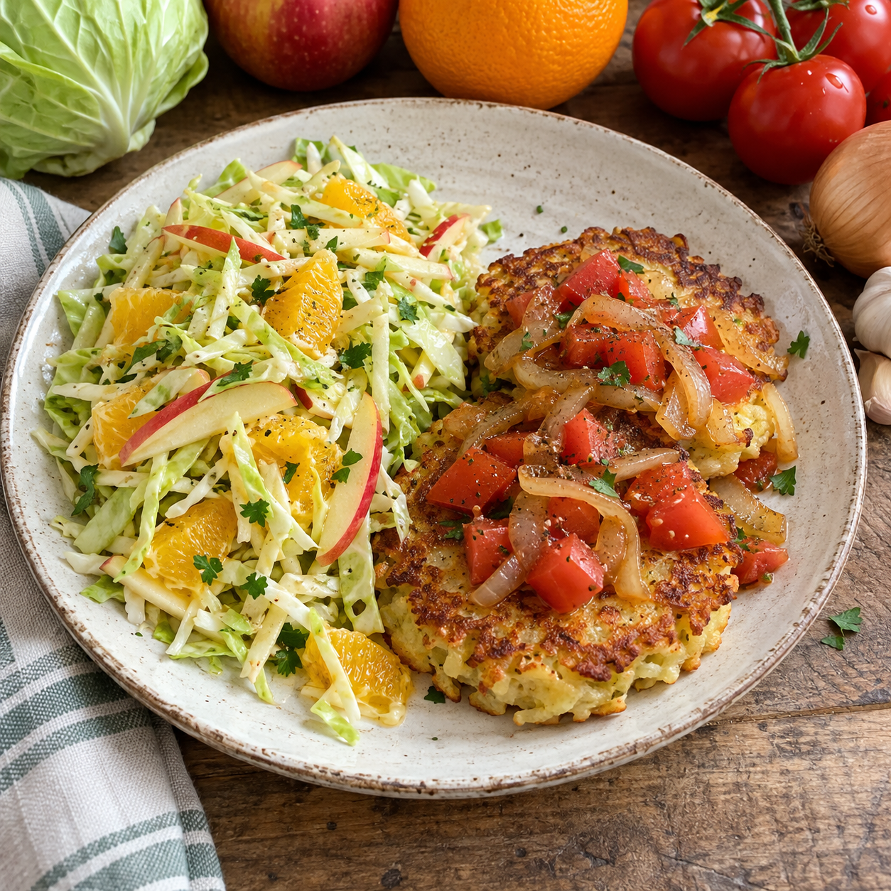 Golden potato cakes and apple slaw meal idea